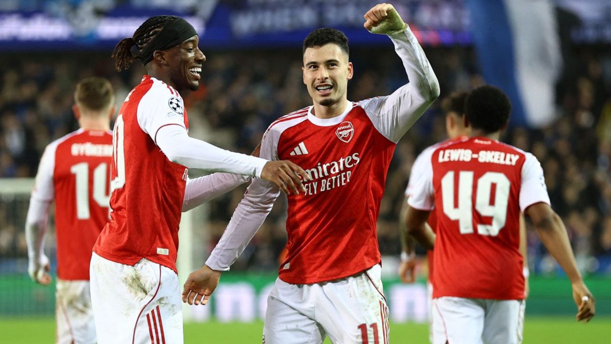 Gabriel Martinelli celebrates a goal scored with Arsenal