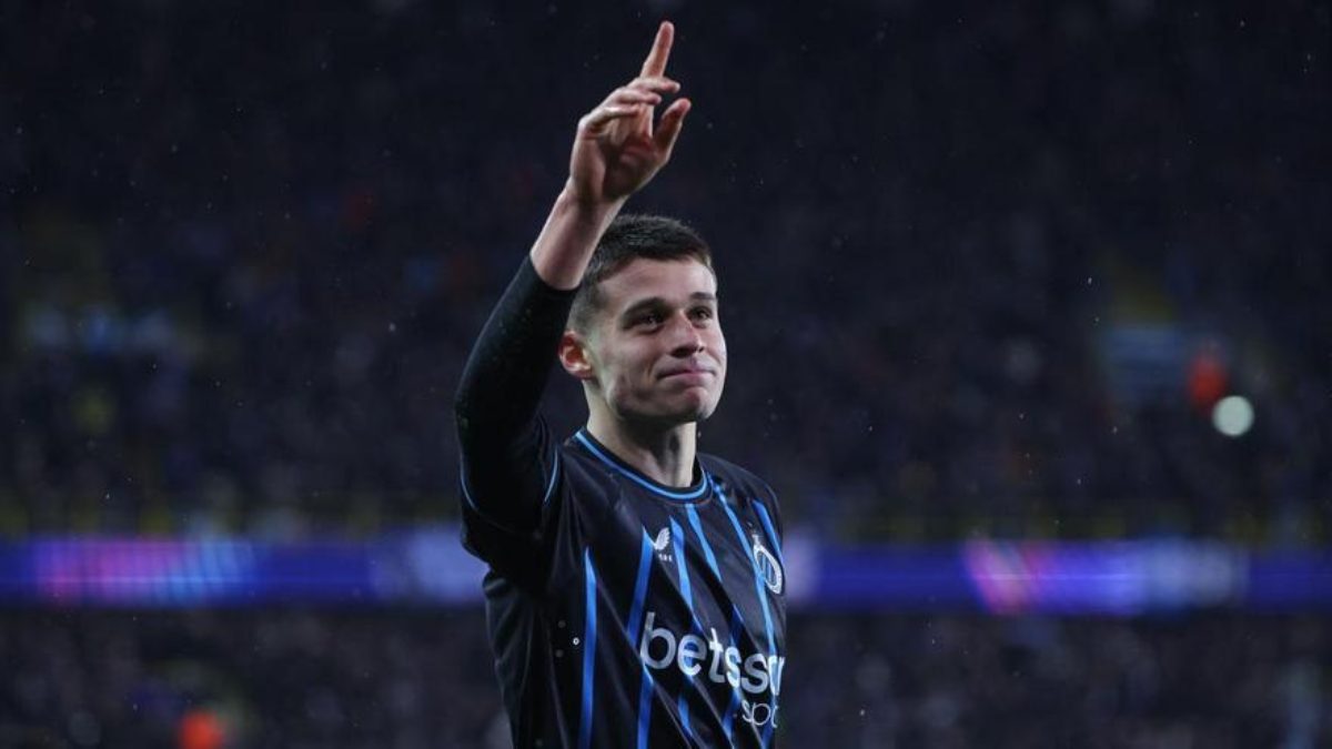 Nicolò Tresoldi celebra un gol anotado con el Brujas en Champions League