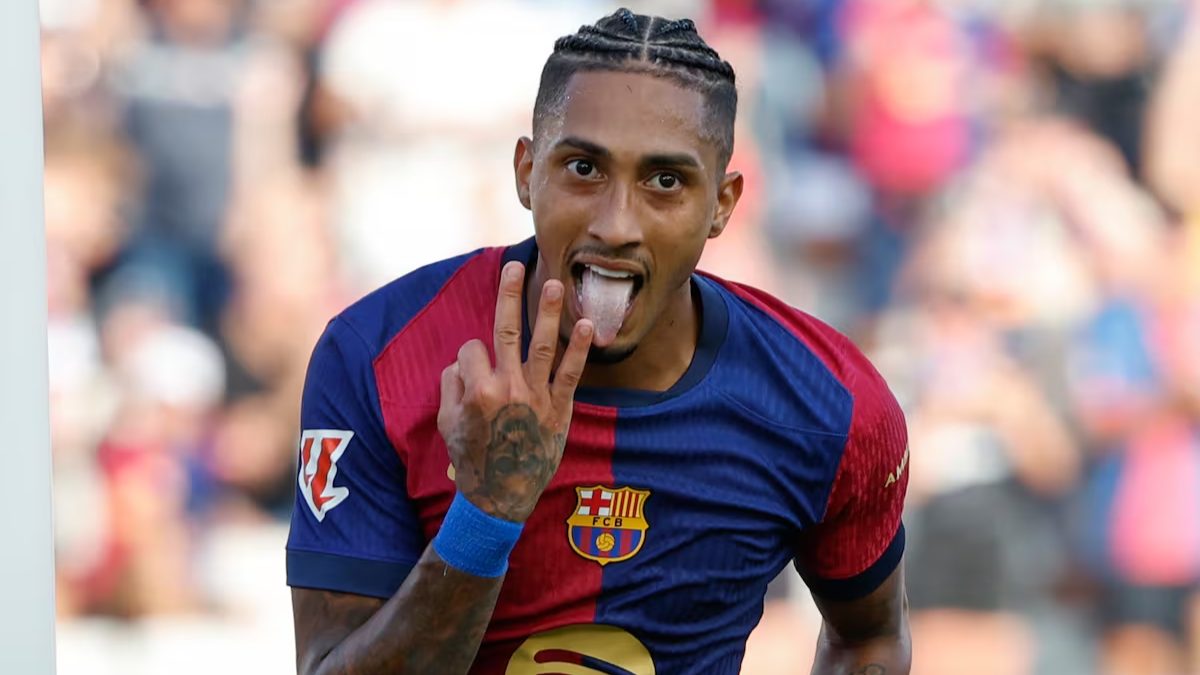 Raphinha celebra un gol anotado con el Barcelona