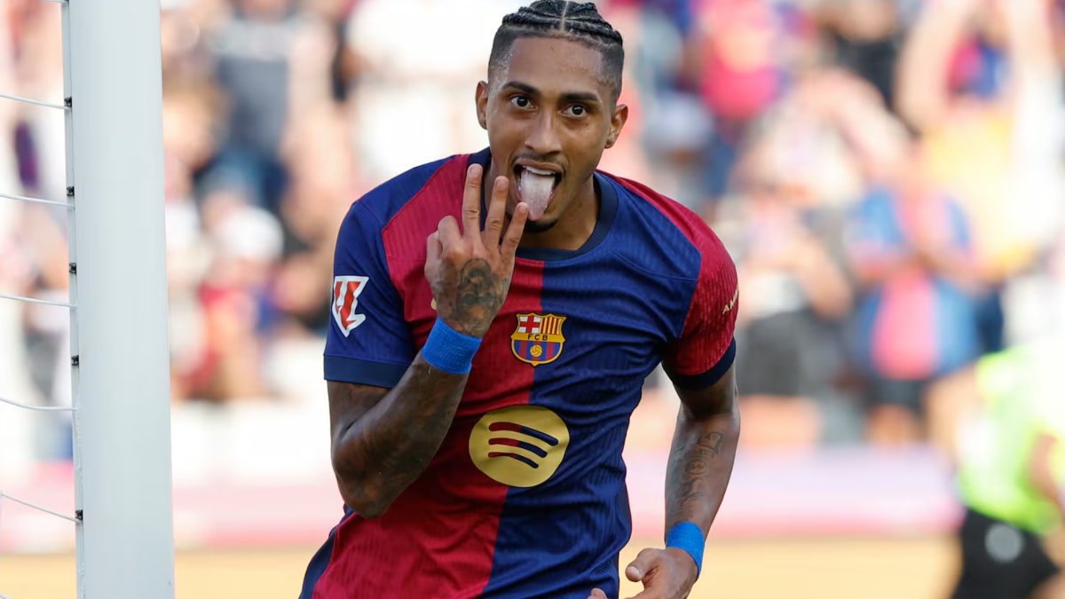 Raphinha celebrates a goal scored with Barcelona