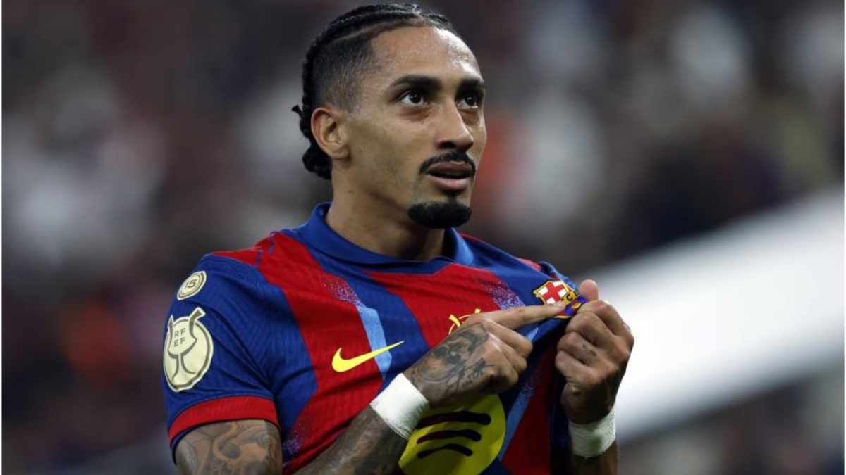 Raphinha celebra un gol anotado con el Barcelona