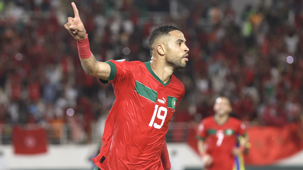 Youssef En-Nesyri celebra un gol anotado con la selección de Marruecos