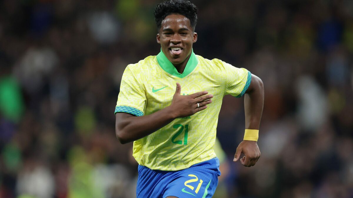 Endrick celebrating a goal with Brazil