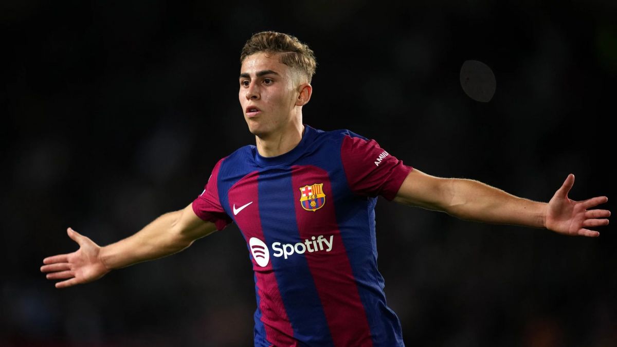 Fermín López celebra un gol anotado con el Barcelona