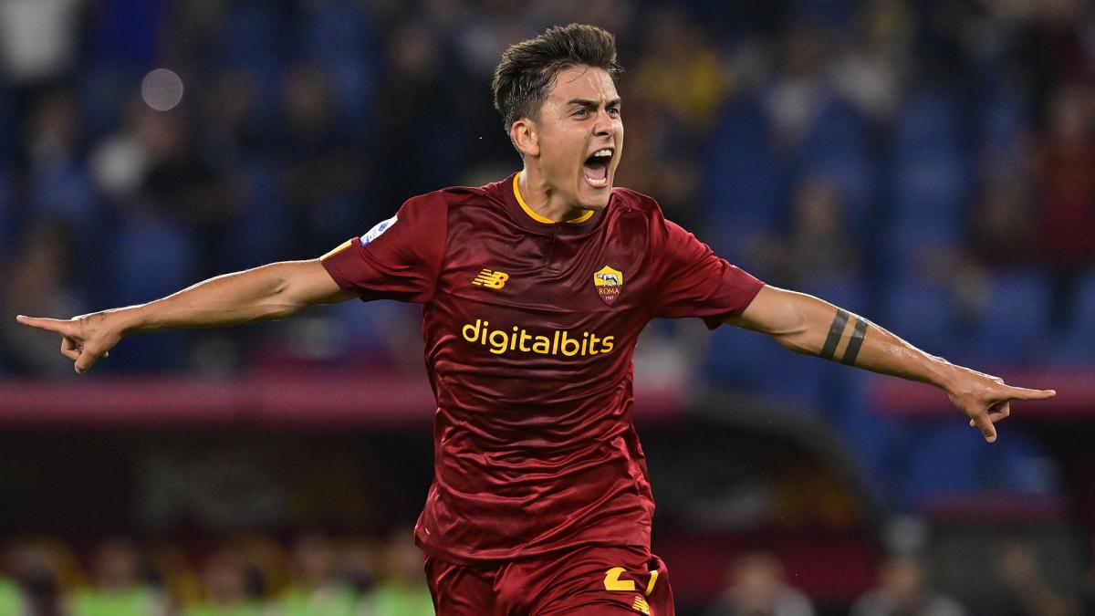 Paulo Dybala celebrates a goal scored with Roma
