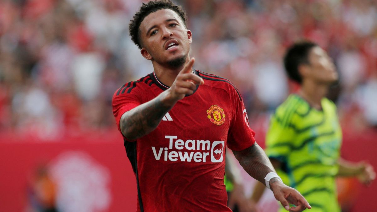 Jadon Sancho celebra un gol anotado con el Manchester United