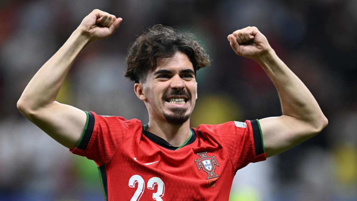 Vitinha celebrates a goal with Portugal