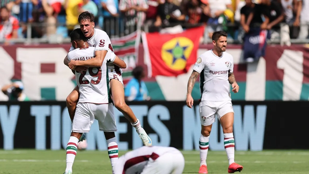 Facundo Bernal celebrates a goal with his Fluminense teammates