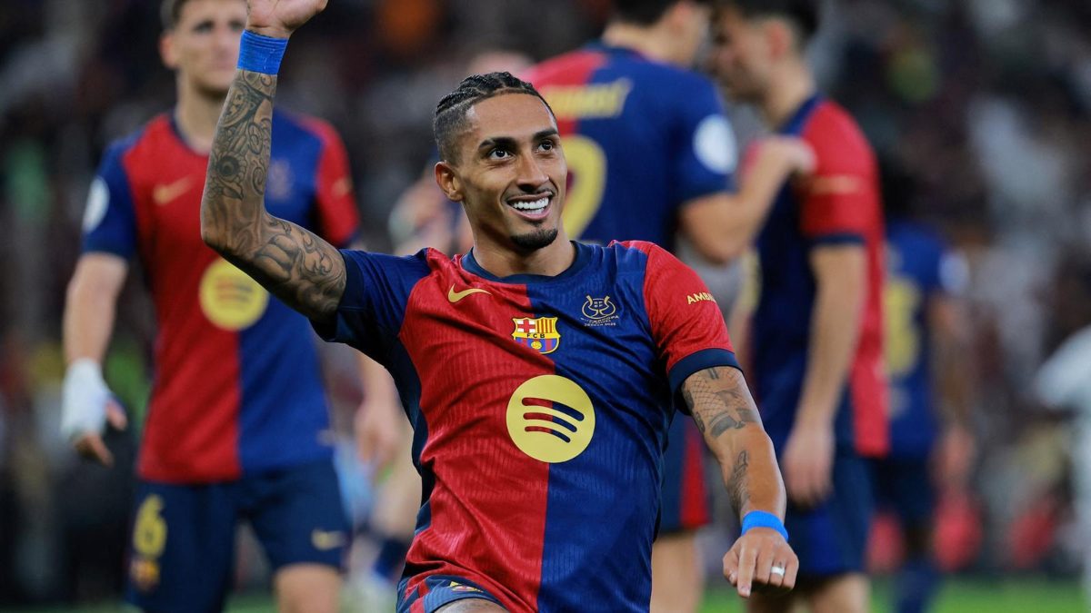 Raphinha celebra un gol anotado con el Barcelona