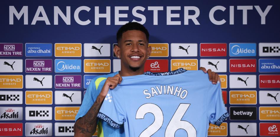Savinho during the presentation as a new signing for Manchester City