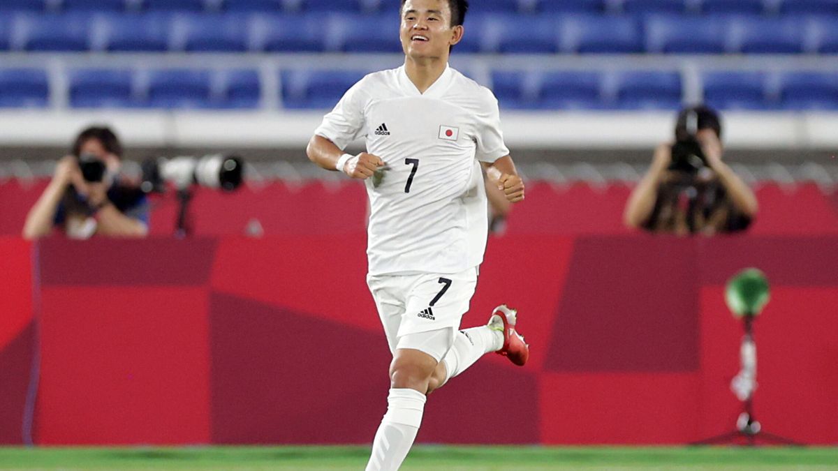 Takefusa Kubo celebrates a goal scored with Japan