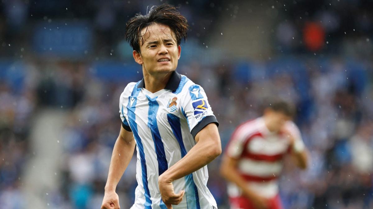 Takefusa Kubo celebrates a goal scored with Real Sociedad