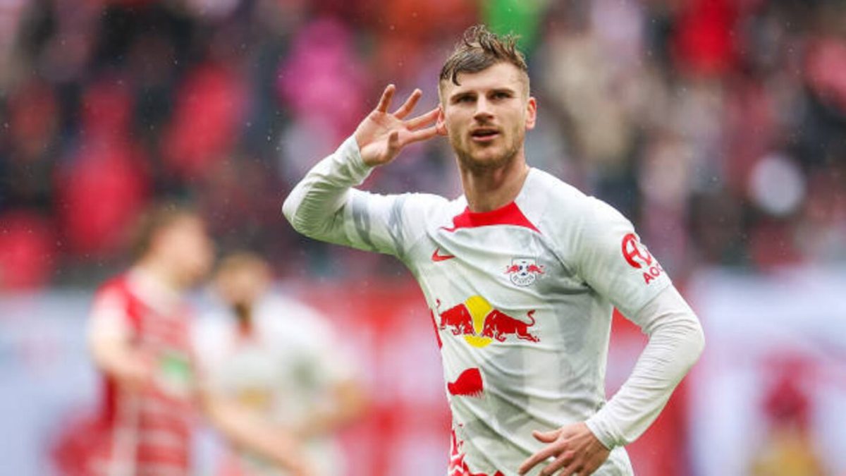 Timo Werner celebrates a goal scored with RB Leipzig