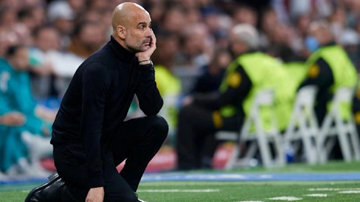Pep Guardiola sufrió una gran caída tras perder ante el Real Madrid. Foto: Getty