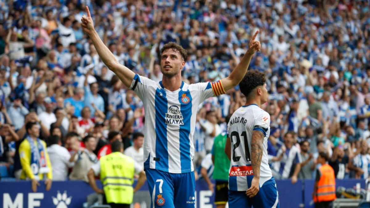 Puado, Espanyol's ace, celebrates a goal
