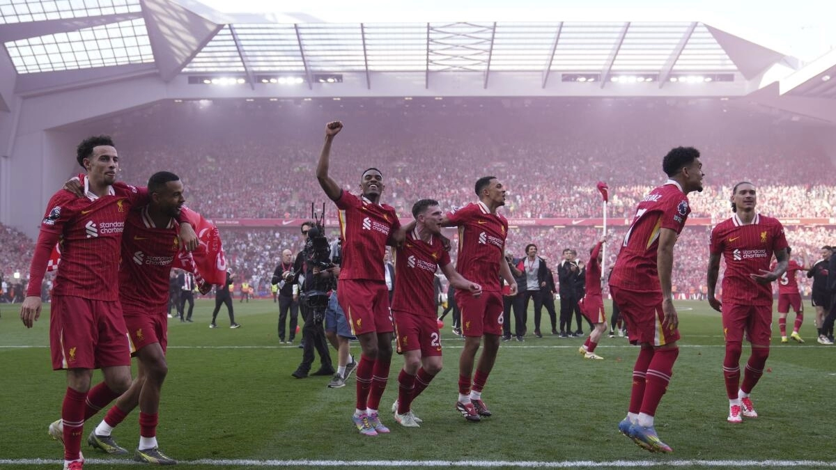 Liverpool players celebrate the Premier League.