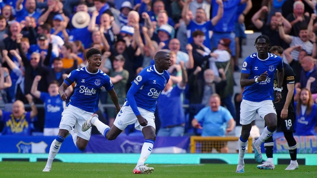 The Everton players celebrate a goal