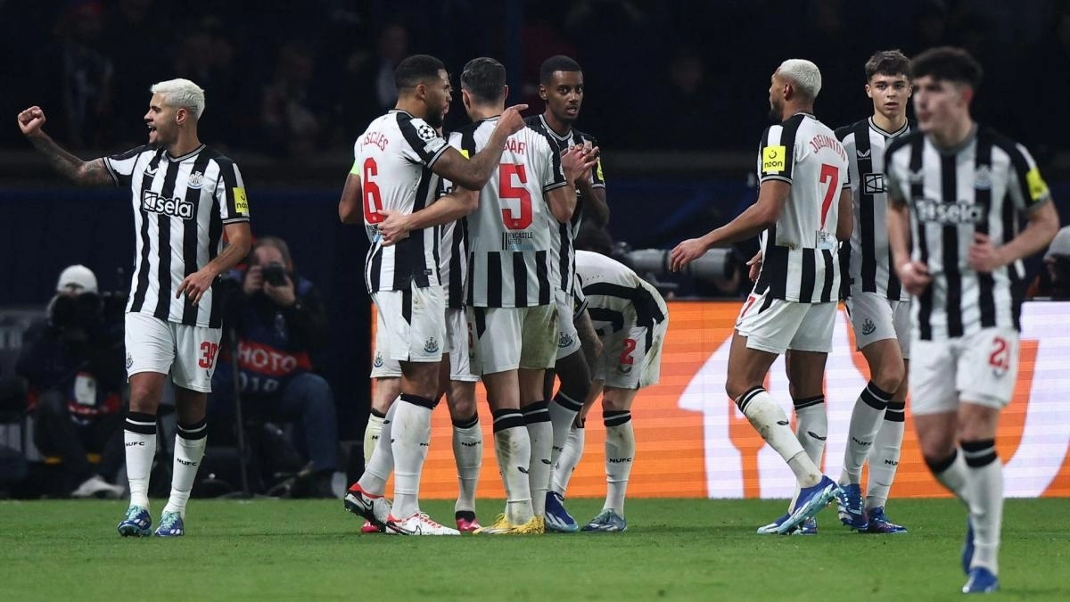 The Newcastle players celebrate a goal.
