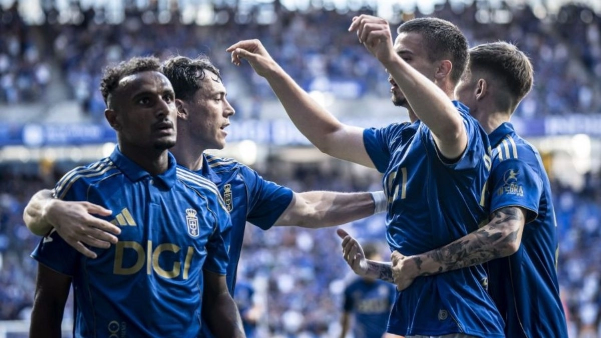 The Real Oviedo players celebrate a goal