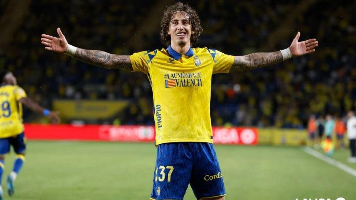 Fábio Silva celebra un gol anotado durante su etapa en Las Palmas