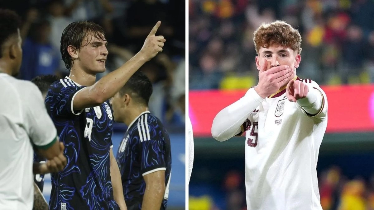 Nico Paz celebra un gol con Argentina y Víctor Muñoz hace lo propio con España