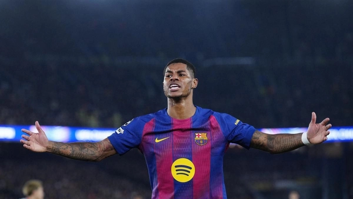 Marcus Rashford celebra un gol anotado con el FC Barcelona