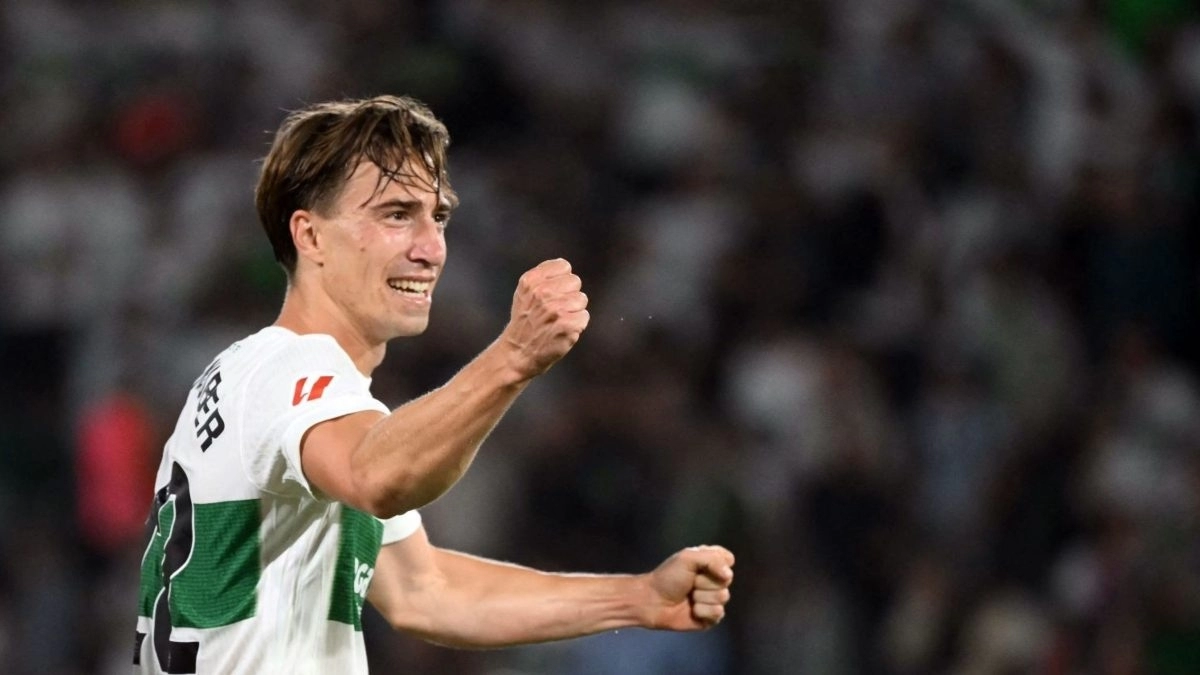 <p>David Affengruber celebrates a goal by Elche</p>