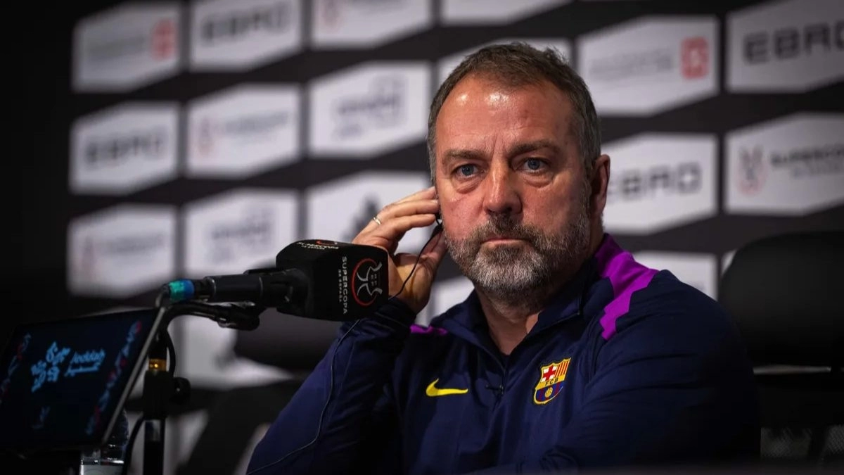 Hansi Flick during a press conference with FC Barcelona.