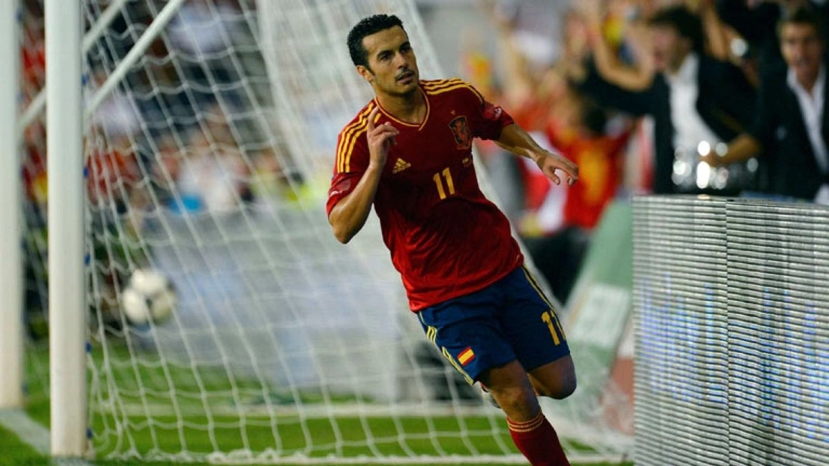 Pedro Rodríguez celebra un gol anotado con la selección española