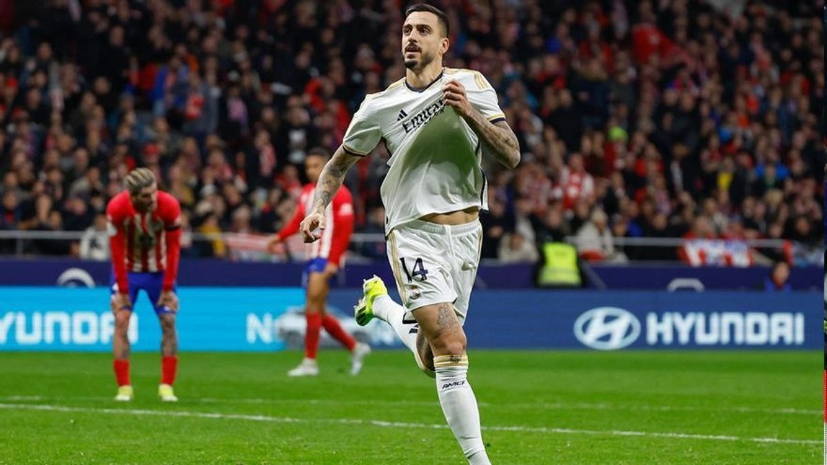 Joselu celebrates a goal in an Atlético de Madrid - Real Madrid
