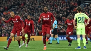 Los jugadores del Liverpool celebrando en el último partido contra el Barça.