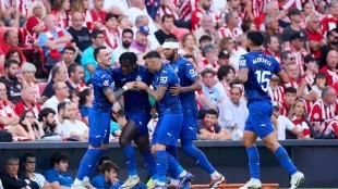 <p>Chrisantus Uche celebrates his first goal scored with Getafe</p>