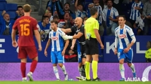 Los jugadores del Espanyol celebran un gol de Javi Puado