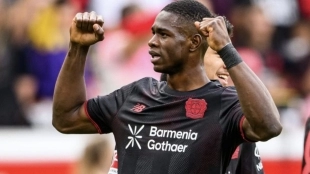 Christian Kofane celebrates a goal scored with Bayer Leverkusen
