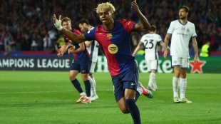 Lamine Yamal celebra un gol anotado en Champions League contra el Inter de Milán