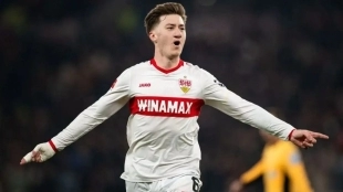 Angelo Stiller celebrates a goal scored with Stuttgart