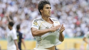 Gonzalo García celebra un gol anotado con el Real Madrid